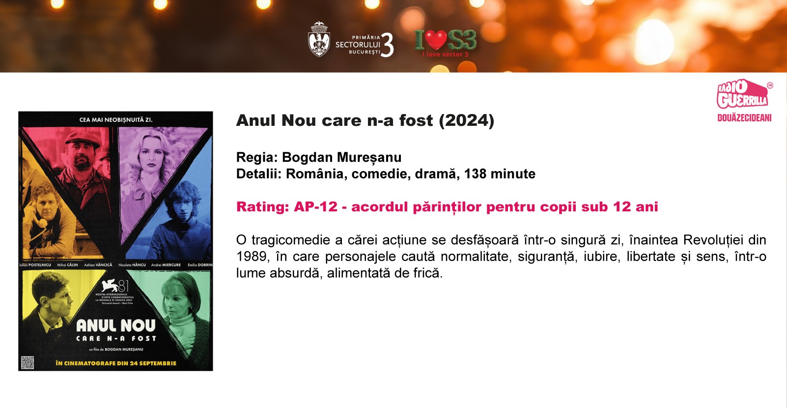 De mâine, 26 august, proiecțiile cinema în aer liber  vor putea fi urmărite de la ora 20.30
