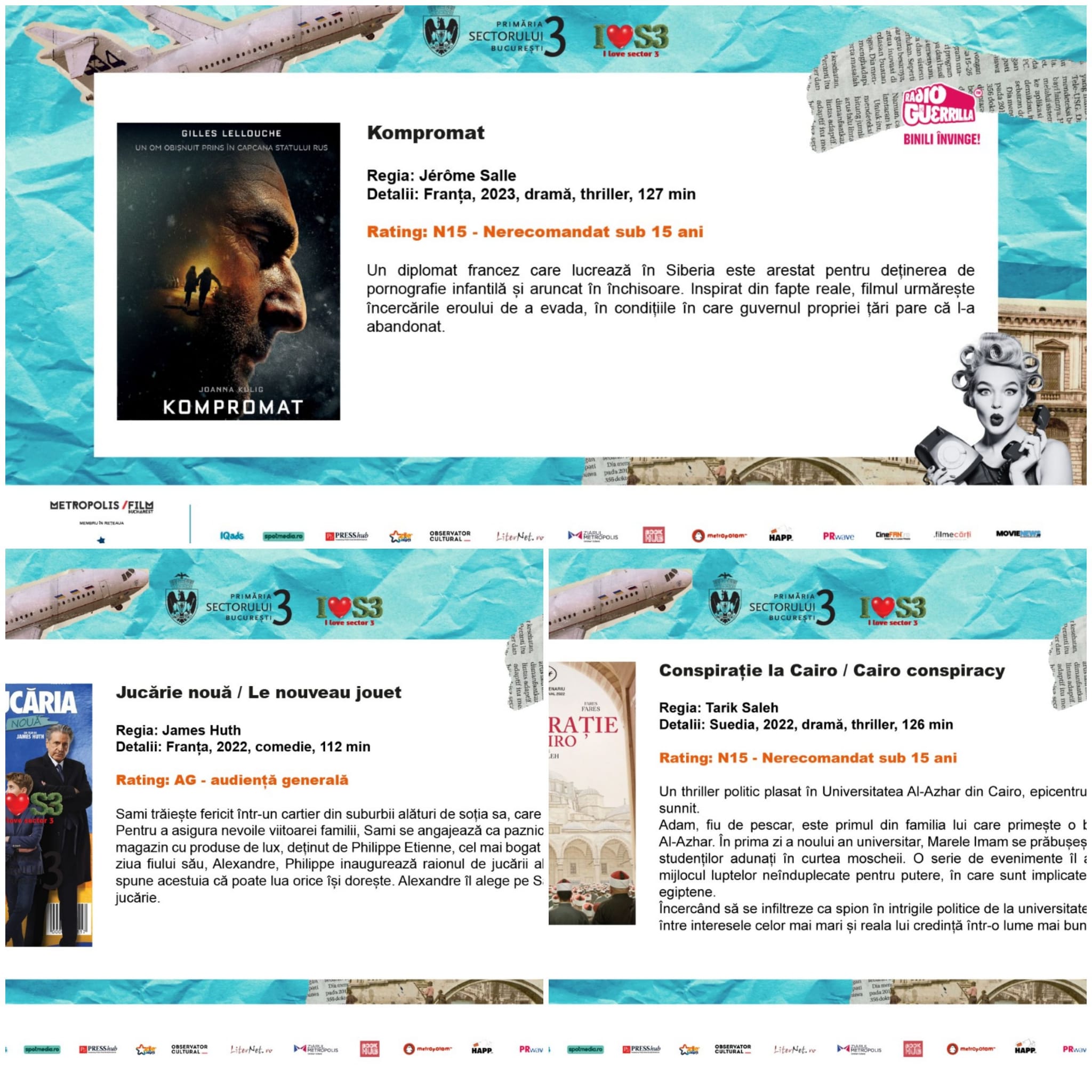 Ultimul weekend de „Cinema în aer liber”.  Rulează „Jucăria nouă”, „Kompromat” și „Conspirație la Cairo”